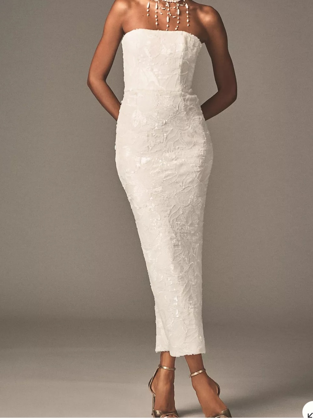 HELSI LESLIE STRAPLESS SEQUIN LACE COLUMN MIDI DRESS